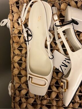 Zara Cream Patent Slingback Mules with Gold Buckle